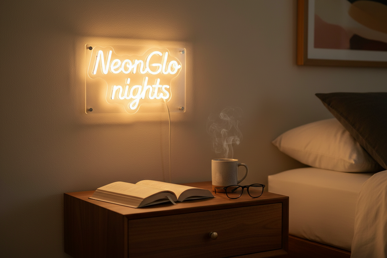5) Cozy Reading Nook in Bedroom – Small Accent Neon
Prompt 5
Lifestyle close-up of a cozy bedroom reading nook showcasing a small custom LED neon wall sign, soft warm white cursive text that reads “NeonGlo nights”, mounted above a mid-century wood nightstand next to the bed. Open book and glasses on the nightstand, ceramic mug with steam, textured wall, framed art slightly out of frame, soft lamp off so the neon provides main light source, silicone LED neon tubes with clear acrylic backing and visible mou