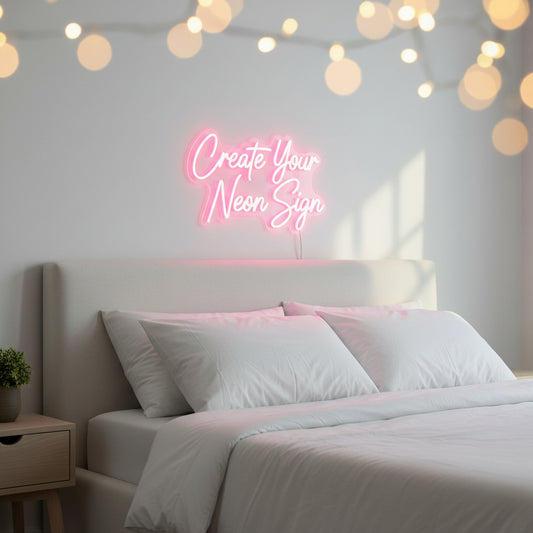 "Stunning custom LED neon sign with warm pink glow mounted above modern white bed headboard, close-up perspective, cozy minimalist bedroom with soft natural window light, blurred bokeh fairy lights in background, white fluffy bedding, small plants on nightstand, professional product photography, shallow depth of field, dreamy atmospheric mood, lifestyle commercial photography, 4k high resolution"