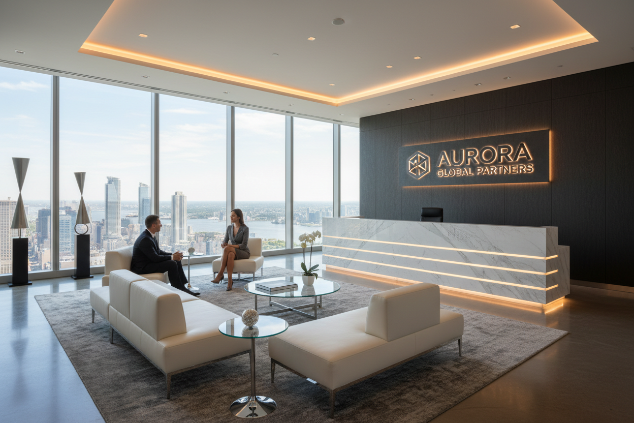 Luxury corporate reception area with illuminated LED business sign, floor-to-ceiling windows, natural daylight, modern furniture, professional atmosphere, architectural photography