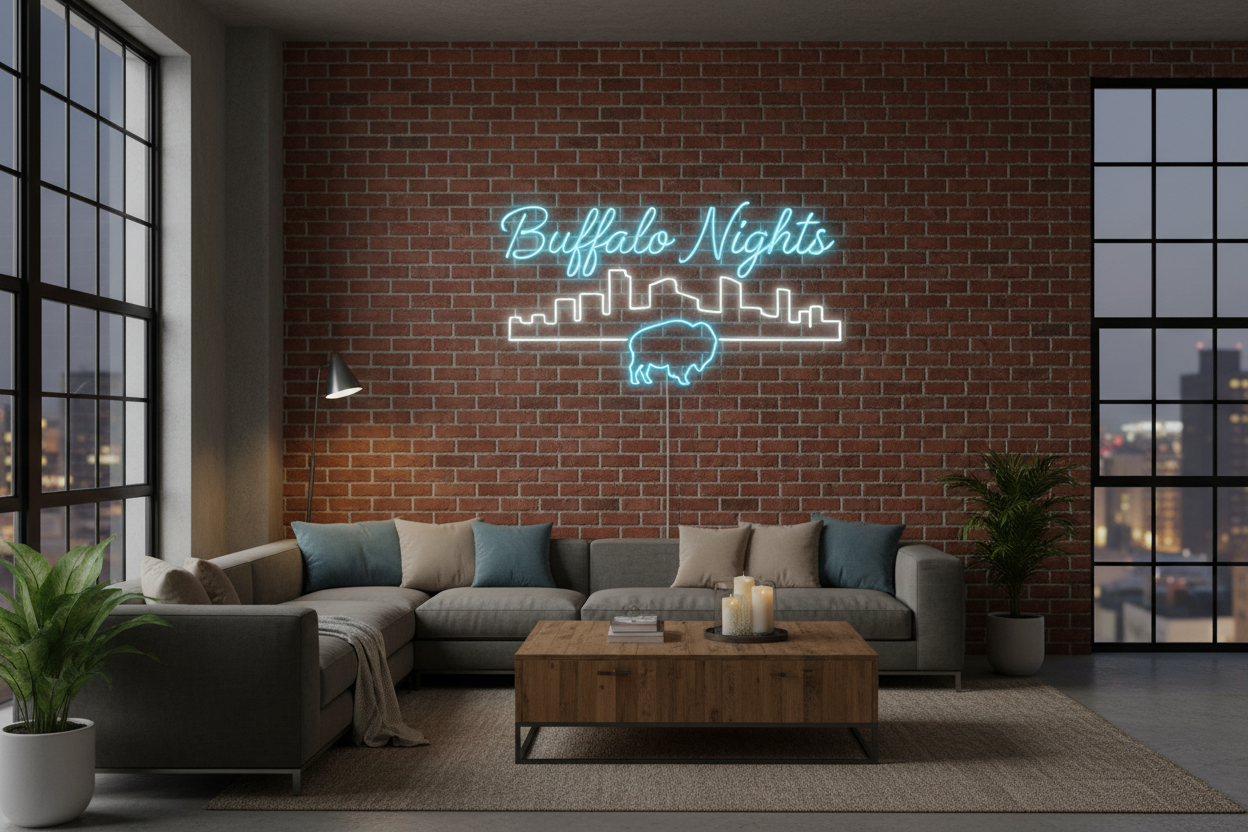 Buffalo Nights” with City Skyline – Living Room / Loft

Use for: lifestyle / brand image on homepage or collection.

Prompt:

Photorealistic lifestyle shot of a modern loft living room in Buffalo, featuring a custom LED neon sign on a brick wall. The neon sign reads “Buffalo Nights” in smooth cursive, with a thin neon outline of a generic city skyline and a small buffalo silhouette underneath the text. Color palette: cool blue and soft white neon, flexible silicone tubing on clear acrylic backing, power cor