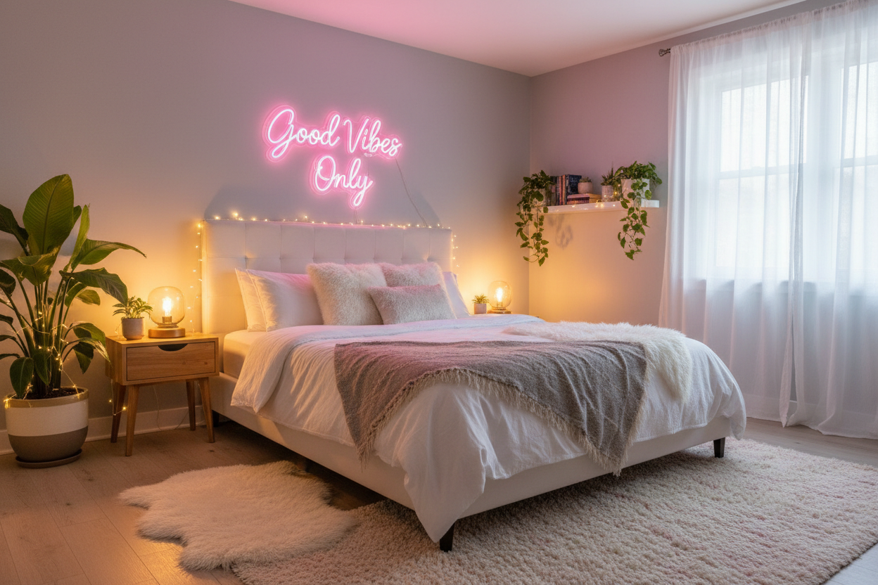 "Cozy modern bedroom with pink LED neon sign saying 'Good Vibes Only' above bed headboard, white bedding, fairy lights, plants, warm ambient lighting, aesthetic room decor, lifestyle photography