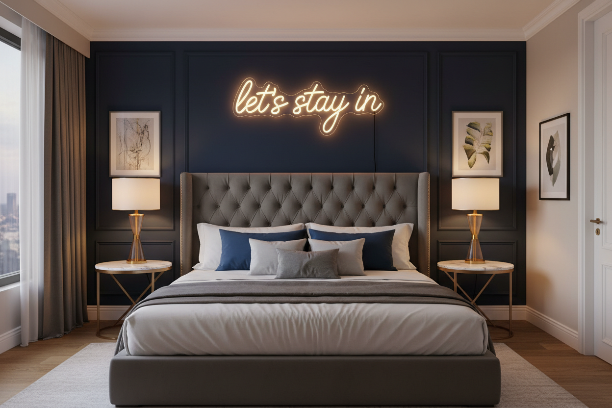 High-end luxury hotel-style bedroom featuring a custom LED neon sign for couple’s bedroom, warm golden-white script text that reads “let’s stay in” above a tufted dark grey headboard. Rich navy accent wall, gold metal bedside lamps, marble-top nightstands, neatly arranged pillows and layered bedding, neon sign glowing softly with realistic reflections on nearby frames and lamp bases, LED neon tubing on contoured acrylic, thin black power cord leading toward floor, professional commercial product photography