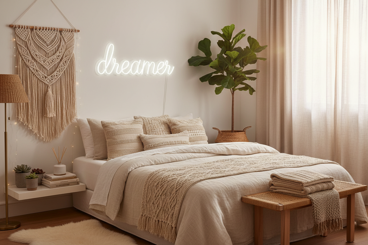 "Modern bedroom with personalized neon name sign in cursive, neutral color palette, boho chic decor, macrame wall hanging, aesthetic bedroom transformation, lifestyle shot