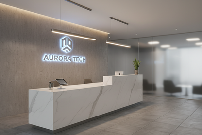 Modern minimalist office reception desk with glowing LED company logo sign on wall behind, sleek white marble counter, professional lighting, contemporary design, 4k photography"