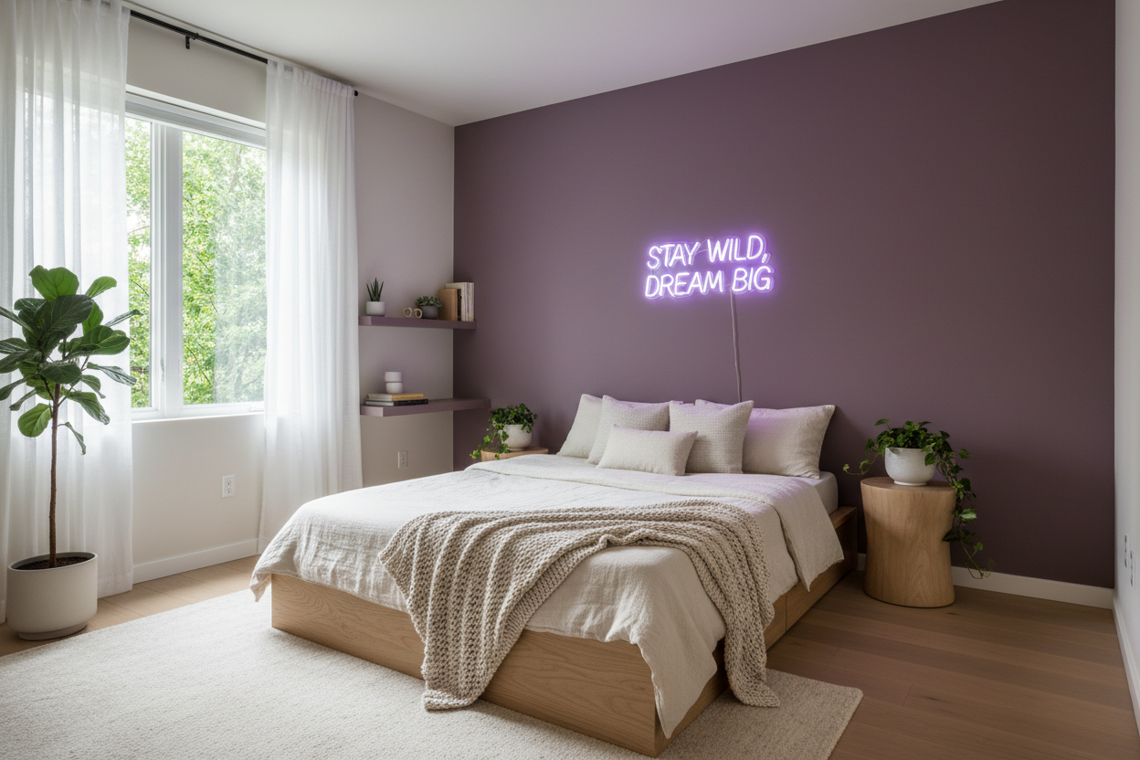 "Small cozy bedroom with purple neon quote sign on accent wall, minimalist decor, plants, natural light from window, compact bedroom design, interior design photography