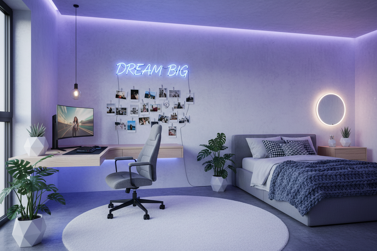 "Trendy teenager bedroom with blue neon sign, polaroid photos on wall, desk setup, LED strip lights, modern minimalist decor, TikTok aesthetic, editorial photography