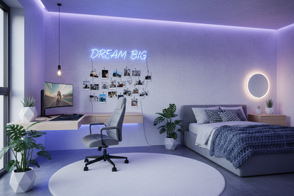 "Trendy teenager bedroom with blue neon sign, polaroid photos on wall, desk setup, LED strip lights, modern minimalist decor, TikTok aesthetic, editorial photography