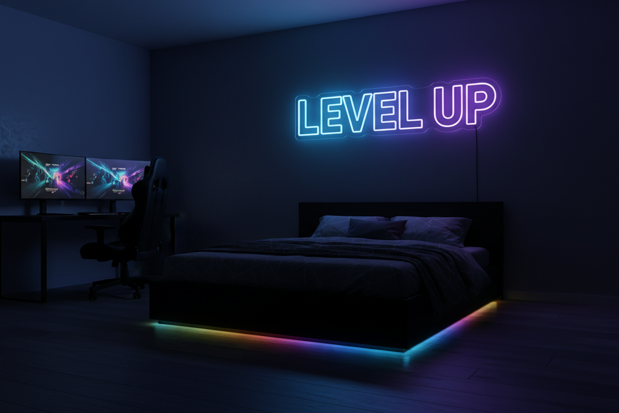 Ultra-realistic product photo of a gamer style bedroom with a bold custom LED neon sign for boys bedroom, block letters that read “LEVEL UP”, bright electric blue and purple glow on a matte dark grey wall above a black platform bed. RGB strip lights under the bed, dual monitors on a minimalist desk in the corner, gaming chair slightly out of focus, neon sign made of flexible LED neon on clear acrylic, discrete mounting hardware, visible cable running neatly down the wall, cinematic moody lighting, 4k resolu